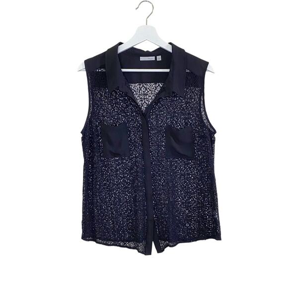 Halogen Shirt Women's Large Black Crochet Button Front Sleeveless Blouse - Picture 1 of 12